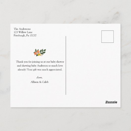 Oranje kleine cutie Baby shower dank u Briefkaart (Achterkant)