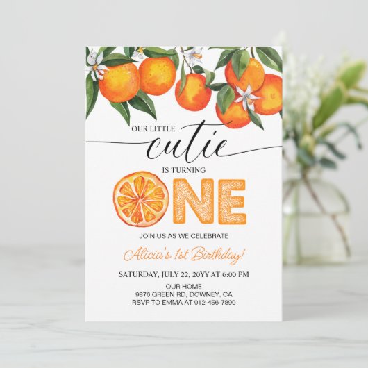 Oranje kleine cutie Citrus 1e verjaardag Kaart (Staand voorkant)