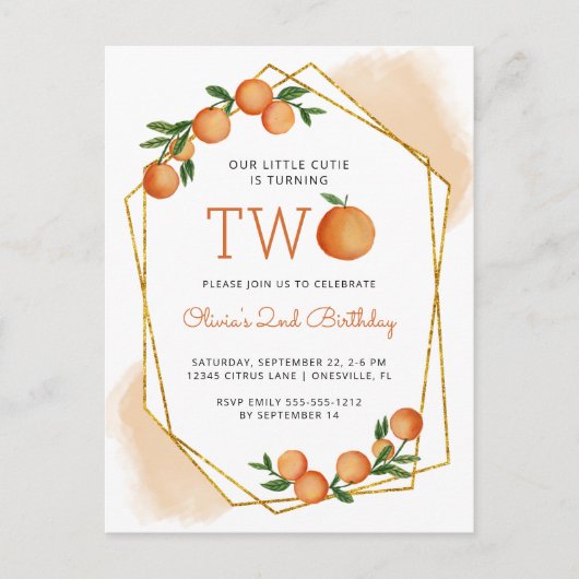 Oranje kleine Cutie Citrus 2e verjaardag Invi Briefkaart (Voorkant)
