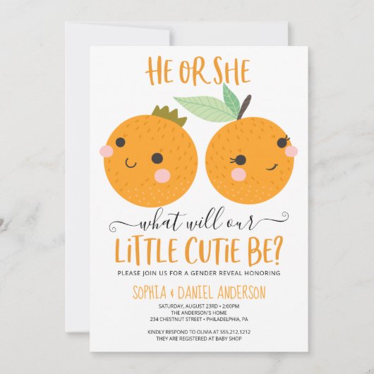 Oranje kleine Cutie Citrus Modern Gender onthullin Kaart (Voorkant)