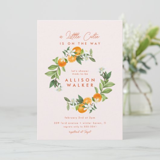 Oranje Kleine Cutie Citrus Roze Baby shower Kaart (Staand voorkant)