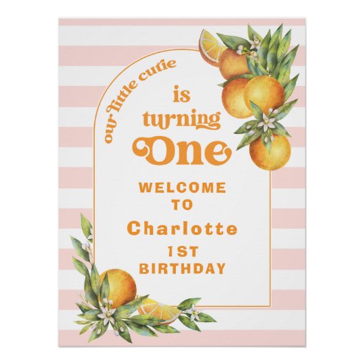 Oranje kleine cutie een 1e verjaardag welkom teken perfect poster (Voorkant)