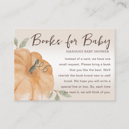 Oranje kleine pompoen boek voor Baby shower Informatiekaartje (Voorkant)