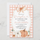 Oranje Kleine Pompoen Herfst Gingham Eerste Verjaa Kaart (Voorkant)