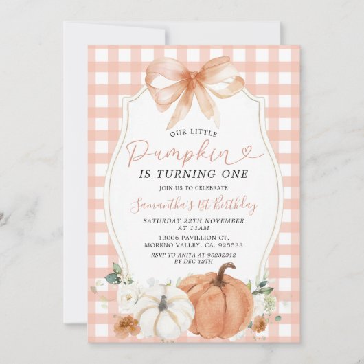 Oranje Kleine Pompoen Herfst Gingham Eerste Verjaa Kaart (Voorkant)