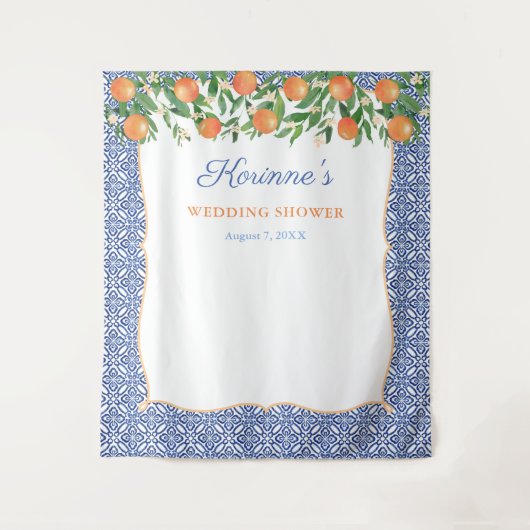 Oranje kobalt Blue Wedding Shower Fotoachtergrond Wandkleed (Voorkant)