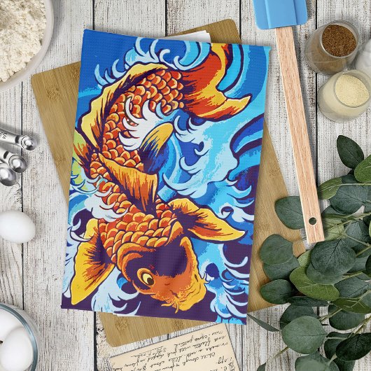 Oranje koi vis blauw theedoek