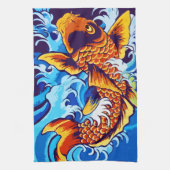 Oranje koi vis blauw theedoek (Verticaal)