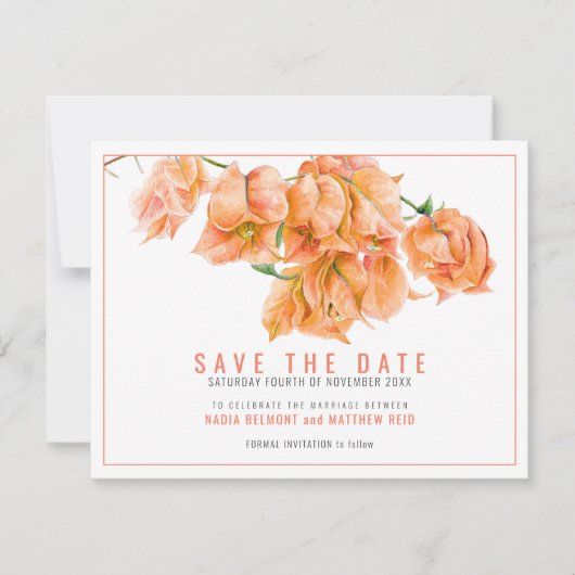 Oranje koraal bougainvillea bloemenkunst bruiloft save the date (Voorkant)