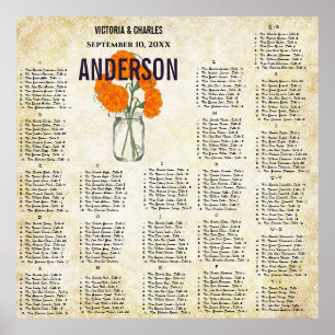 Oranje koraal Dahlia Mason Jar Seating Chart Poster