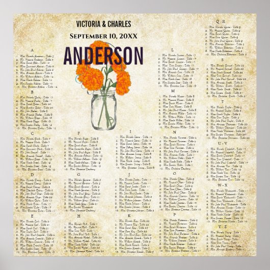 Oranje koraal Dahlia Mason Jar Seating Chart Poster (Voorkant)