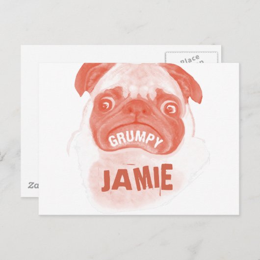 Oranje koraal Grumpy Puggy Briefkaart (Voorkant / Achterkant)