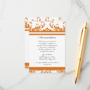 Oranje koraal Ivory Damask Wedding Informatiekaartje