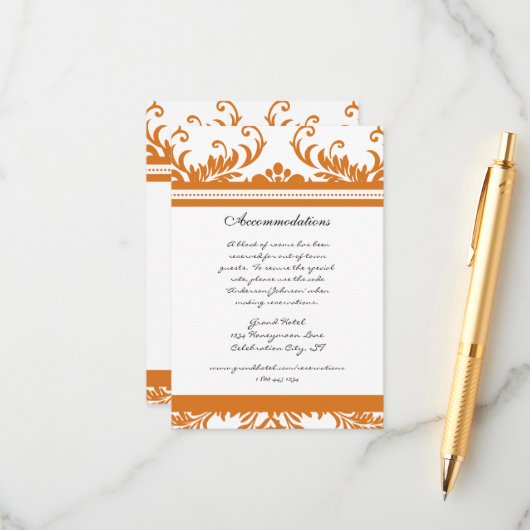 Oranje koraal Ivory Damask Wedding Informatiekaartje (Voorkant / Achterkant in situ)
