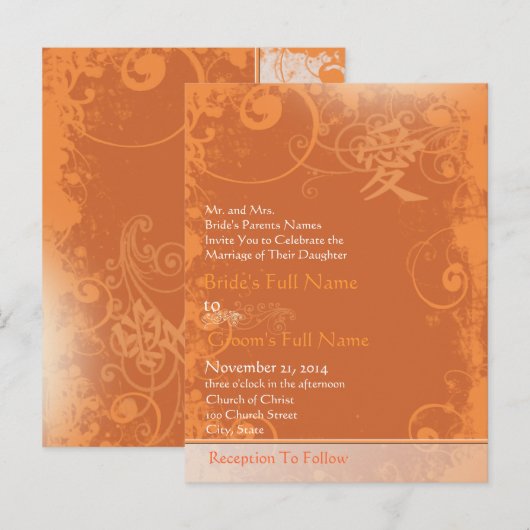 Oranje koraal Kanji for Love Swirl Wedding Uitnodiging Briefkaart (Voorkant / Achterkant)