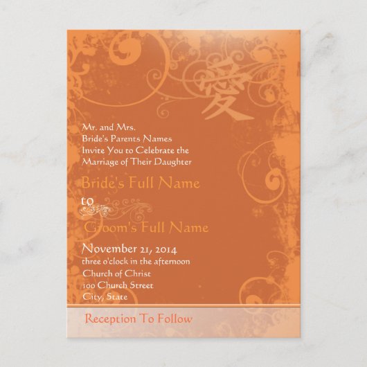 Oranje koraal Kanji for Love Swirl Wedding Uitnodiging Briefkaart (Voorkant)