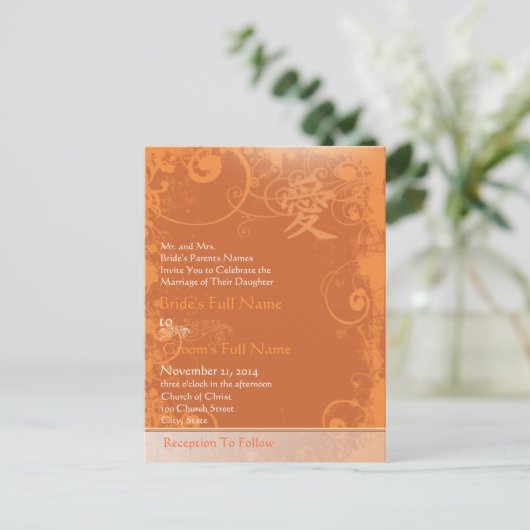 Oranje koraal Kanji for Love Swirl Wedding Uitnodiging Briefkaart (Staand voorkant)
