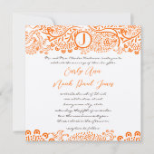 Oranje koraal Lovebird Pattern Monogram Weddings Kaart (Voorkant)