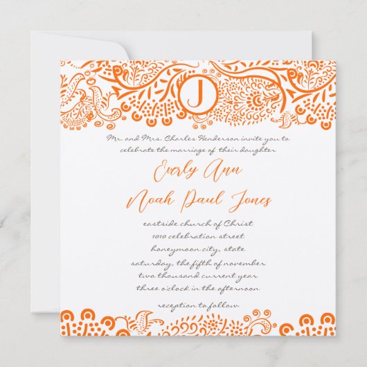 Oranje koraal Lovebird Pattern Monogram Weddings Kaart (Voorkant)