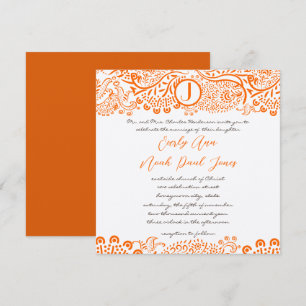 Oranje koraal Lovebird Pattern Monogram Weddings Kaart