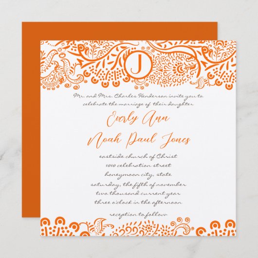 Oranje koraal Lovebird Pattern Monogram Weddings Kaart (Voorkant / Achterkant)