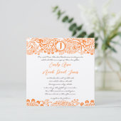 Oranje koraal Lovebird Pattern Monogram Weddings Kaart (Staand voorkant)