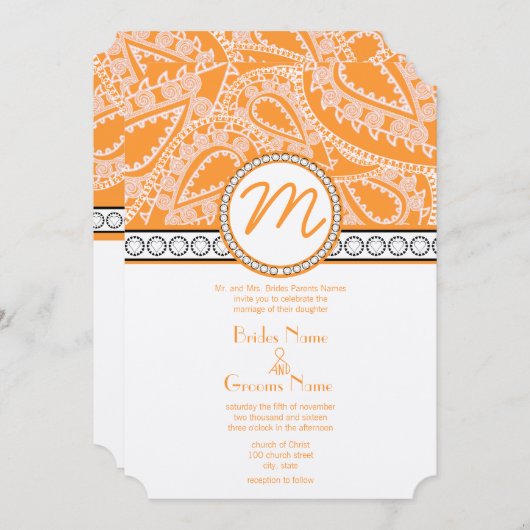Oranje koraal monogram Paisley Wedding Invitation Kaart (Voorkant / Achterkant)