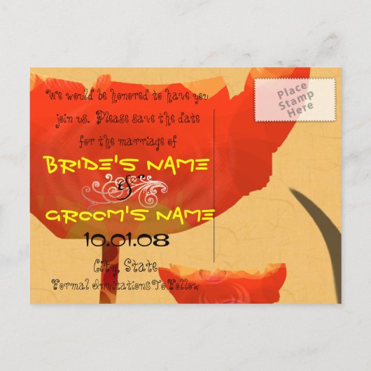 Oranje koraal papaver de datum opslaan aankondigingskaart (Achterkant)