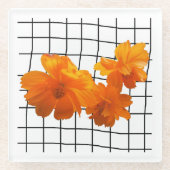 Oranje kosmos ventilator op zwart raster op wit glazen onderzetter (Voorkant)