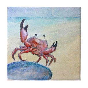 Oranje krab op de strand Tile Tegeltje