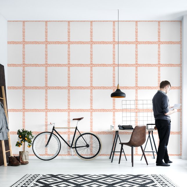 Oranje Kronkelige Lijnen Geometrisch Vierkant Grid Behang (Woonkamer)