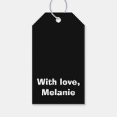 Oranje kruisstiften op zwart cadeaulabel (Achterkant)