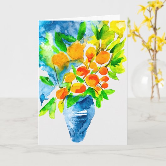 Oranje kumquat fruit kunst waterverf kaart (Gele Bloem)
