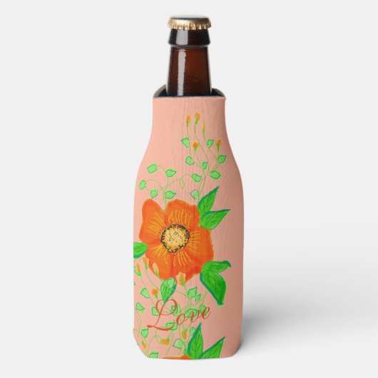 Oranje kunstbloem flesjeskoeler (Fles Voorkant)