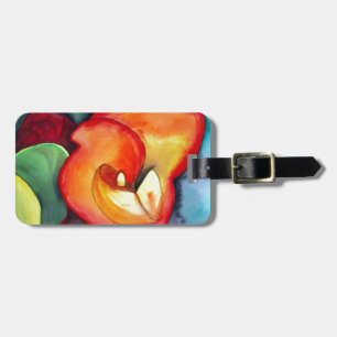 Oranje kunstbloem, waterverf bagagelabel