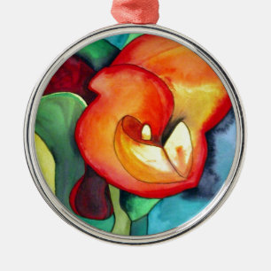 Oranje kunstbloem, waterverf metalen ornament