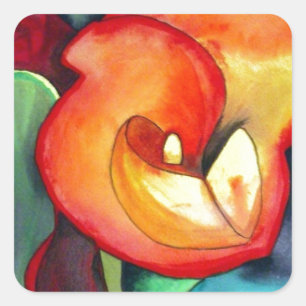 Oranje kunstbloem, waterverf vierkante sticker