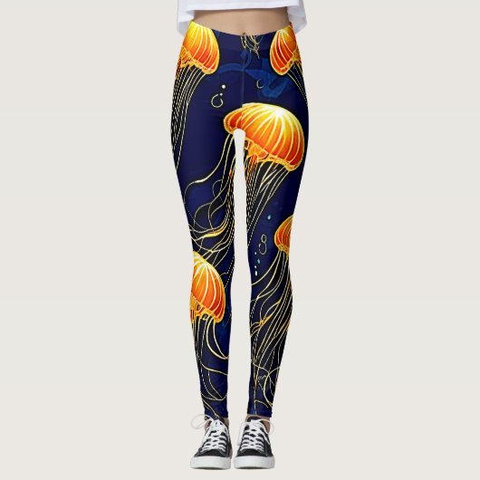 Oranje kwallenpatroon kunst leggings (Voorkant)