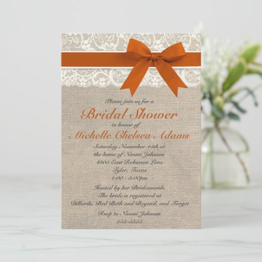 Oranje Lace Burlap Bridal Shower Kaart (Staand voorkant)