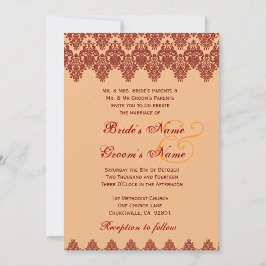 Oranje Lace Damask Wedding Premium Gold Metallic Kaart (Voorkant)