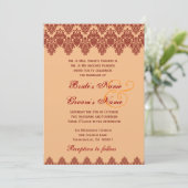 Oranje Lace Damask Wedding Premium Gold Metallic Kaart (Staand voorkant)
