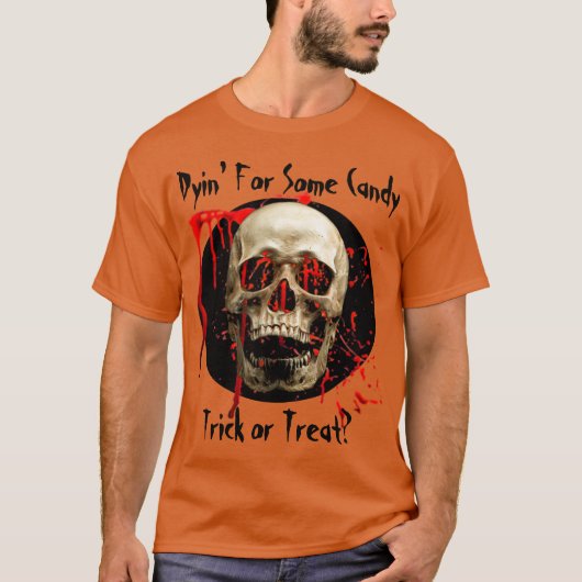 Oranje lachende schedel bloedige halloween t-shirt (Voorkant)