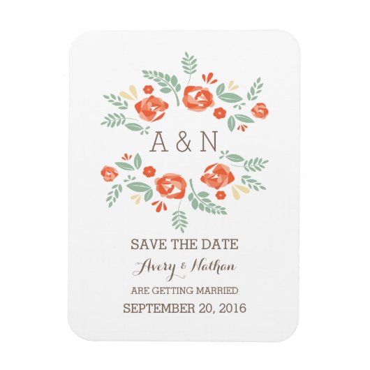 Oranje landelijk bloemmonogram Opslaan datum Magneet (Verticaal)