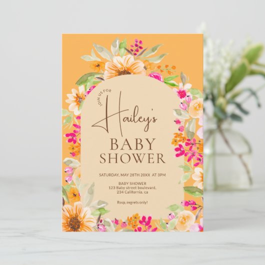 Oranje landelijke bloemschildering Baby shower Kaart (Staand voorkant)