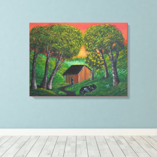 Oranje landschap van de schelp van de boomstam canvas afdruk (Insitu (Houten vloer))