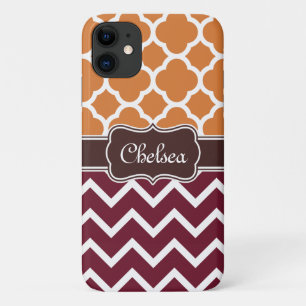 Oranje Lattice Maroon Chevron Pattern Naam bruin Case-Mate iPhone Case
