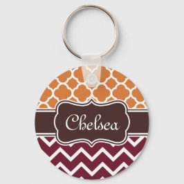Oranje Lattice Maroon Chevron Pattern Naam bruin Sleutelhanger