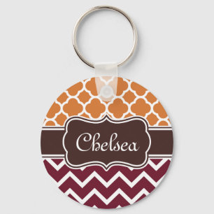 Oranje Lattice Maroon Chevron Pattern Naam bruin Sleutelhanger