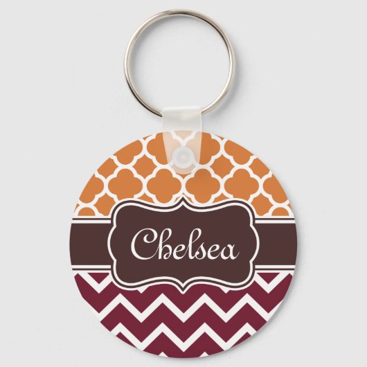 Oranje Lattice Maroon Chevron Pattern Naam bruin Sleutelhanger (Voorkant)