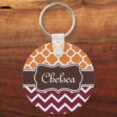 Oranje Lattice Maroon Chevron Pattern Naam bruin Sleutelhanger (Voorkant)